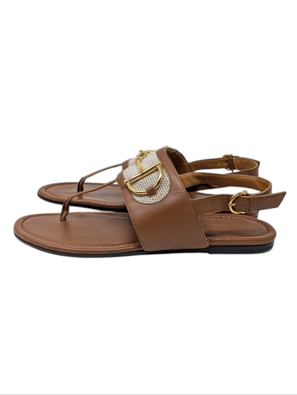 Gucci Alfa Brown Leather Canvas Thong Slingback Sandal Gold Horsebit Size EU 39 - Picture 3 of 10